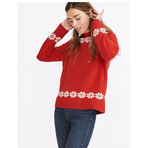 Madewell Floral Hazelwood Pullover SweaterRed Crewneck Boxy Fit Wool Sz Small - Picture 2 of 12